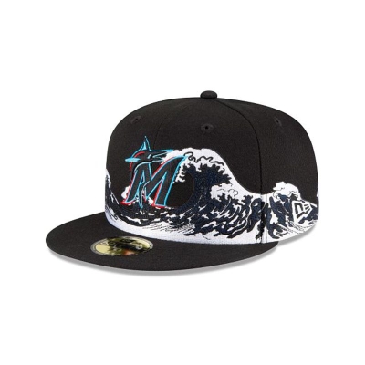 Black Miami Marlins Hat - New Era MLB Wave 59FIFTY Fitted Caps USA8361240